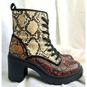 Snake Print Multi Color Chunk Heel Platform Combat Boot Bamboo Size 9
